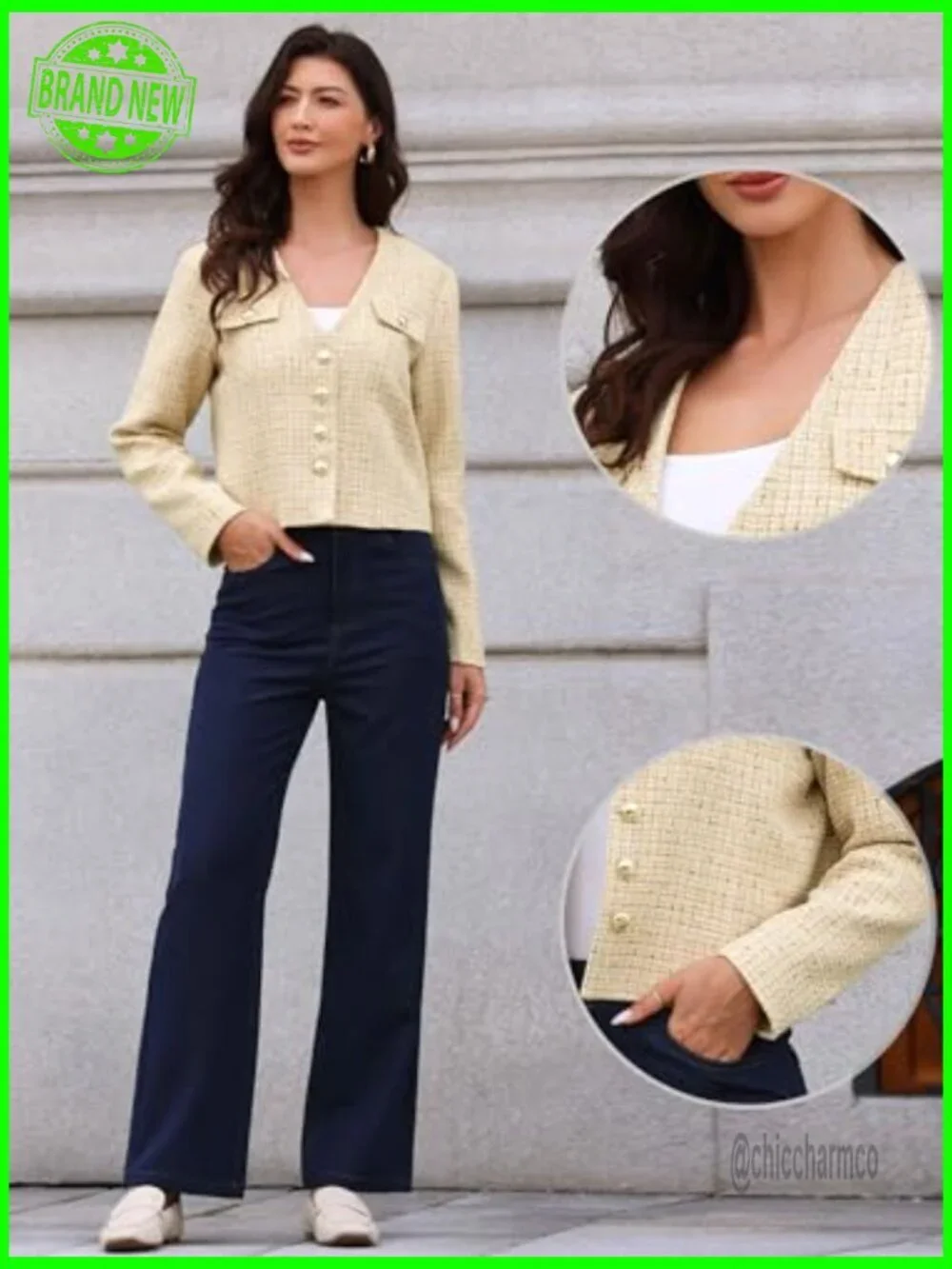 Tweed Blazer Women Cropped Long Sleeve Button Down Collarless Business Casual